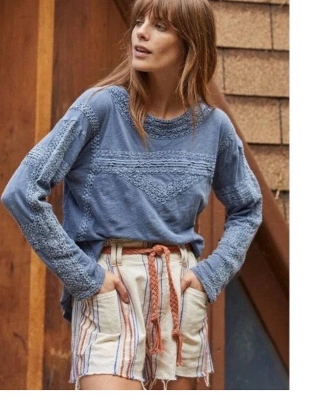 Free People Boy Meets Girl Blue Crochet Long Sleeve Top SIZE SMALL
